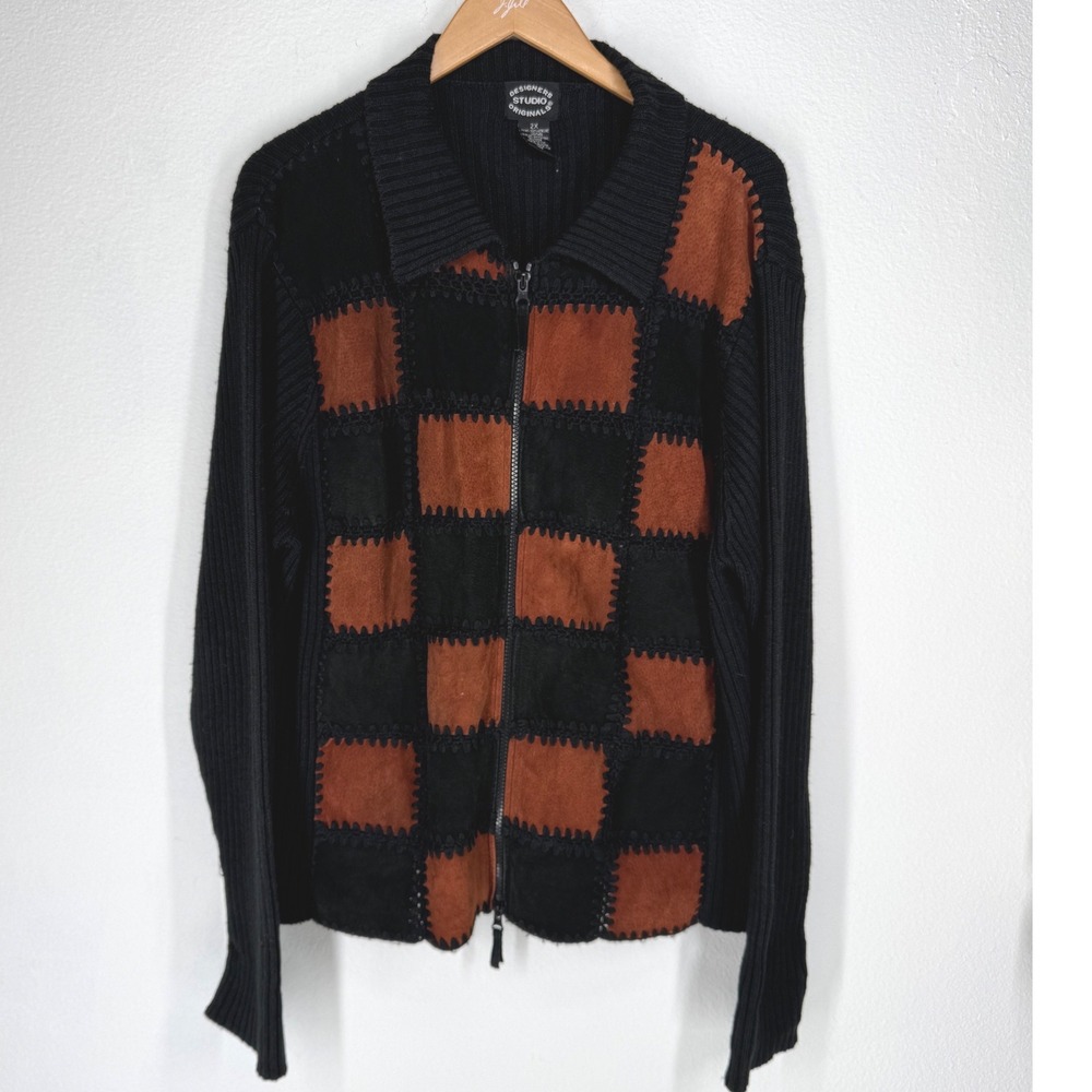 Vintage Suede Leather Patchwork Sweater  Zip Western Country Whipstitch Women 2x